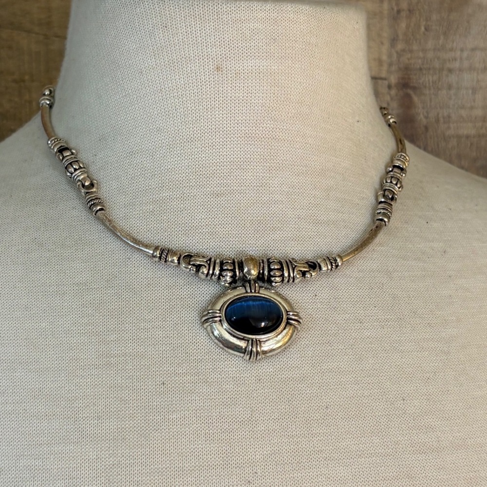 Blue Faux Tiger Eye Silver Tone Bar Bead Choker Necklace Adjustable
